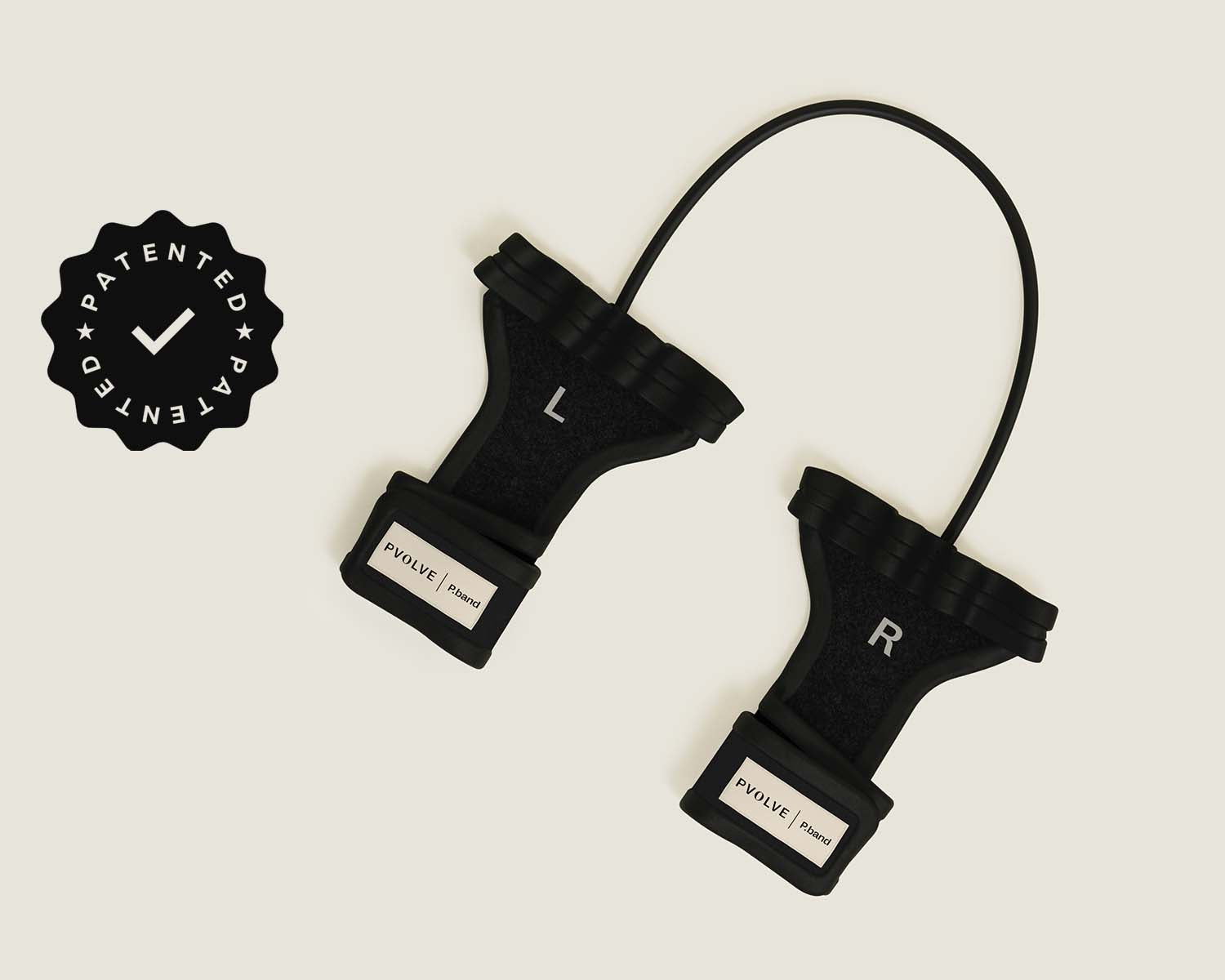 Black resistance band with handles on a light background, featuring a 'Patented' badge.